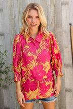 Elegant In Fuchsia Satin Button-Down Smock Long Sleeve Blouse