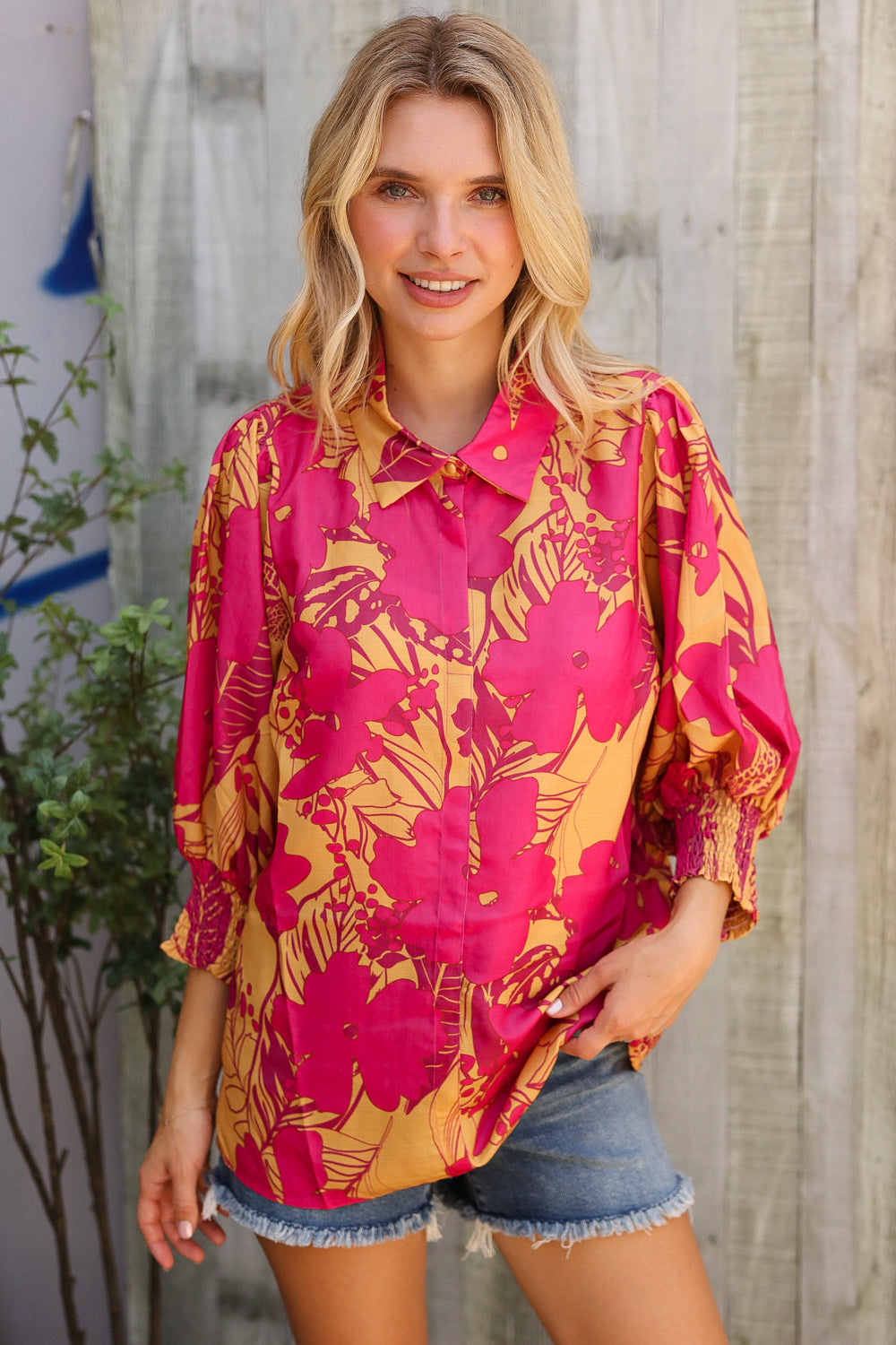 Elegant In Fuchsia Satin Button-Down Smock Long Sleeve Blouse