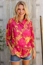 Elegant In Fuchsia Satin Button-Down Smock Long Sleeve Blouse