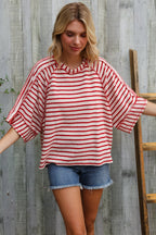 Casual Chic Cotton Red & Cream Stripe Raglan 3/4 Sleeve Pullover