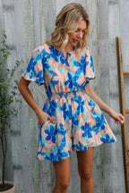 Feeling Bold Turquoise Floral Smocked Waist Flutter Sleeve Romper