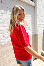 Patriotic USA Red Knit Embroidery Puff Sleeve Sweater Top