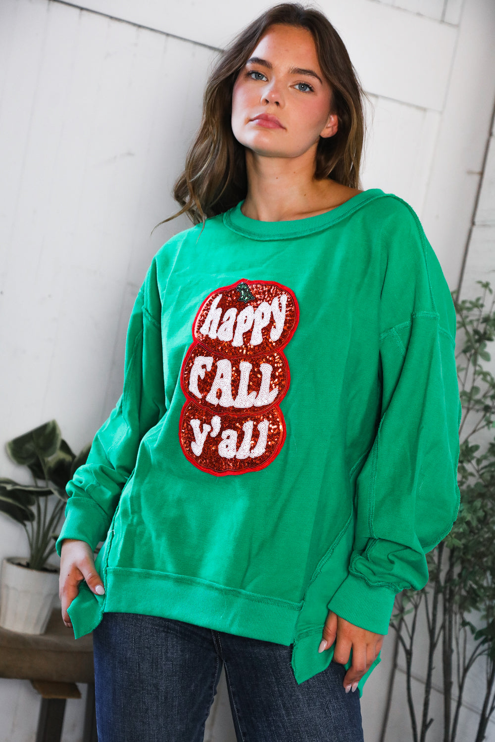 'Happy Fall Y'all' Kelly Green Sweater