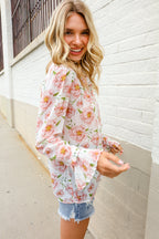 The Feminine Touch Chiffon Button-Down Floral Ruffle Sleeve Blouse