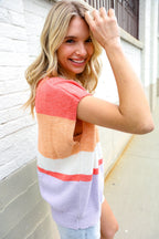Lock Eyes Coral Notched Neck Drop Shoulder Sweater Top