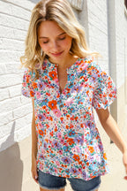 Beautiful You Ivory Floral Print Notch Neck Puff Short Sleeve Top