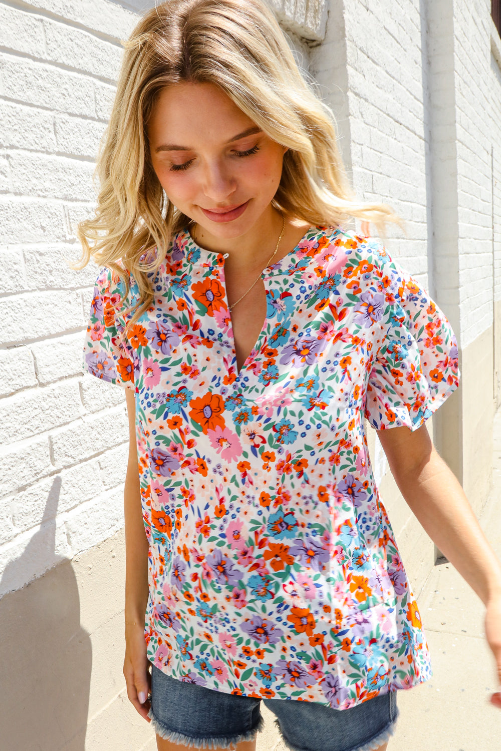 Beautiful You Ivory Floral Print Notch Neck Puff Short Sleeve Top