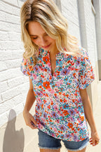 Beautiful You Ivory Floral Print Notch Neck Puff Short Sleeve Top