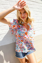 Beautiful You Ivory Floral Print Notch Neck Puff Short Sleeve Top