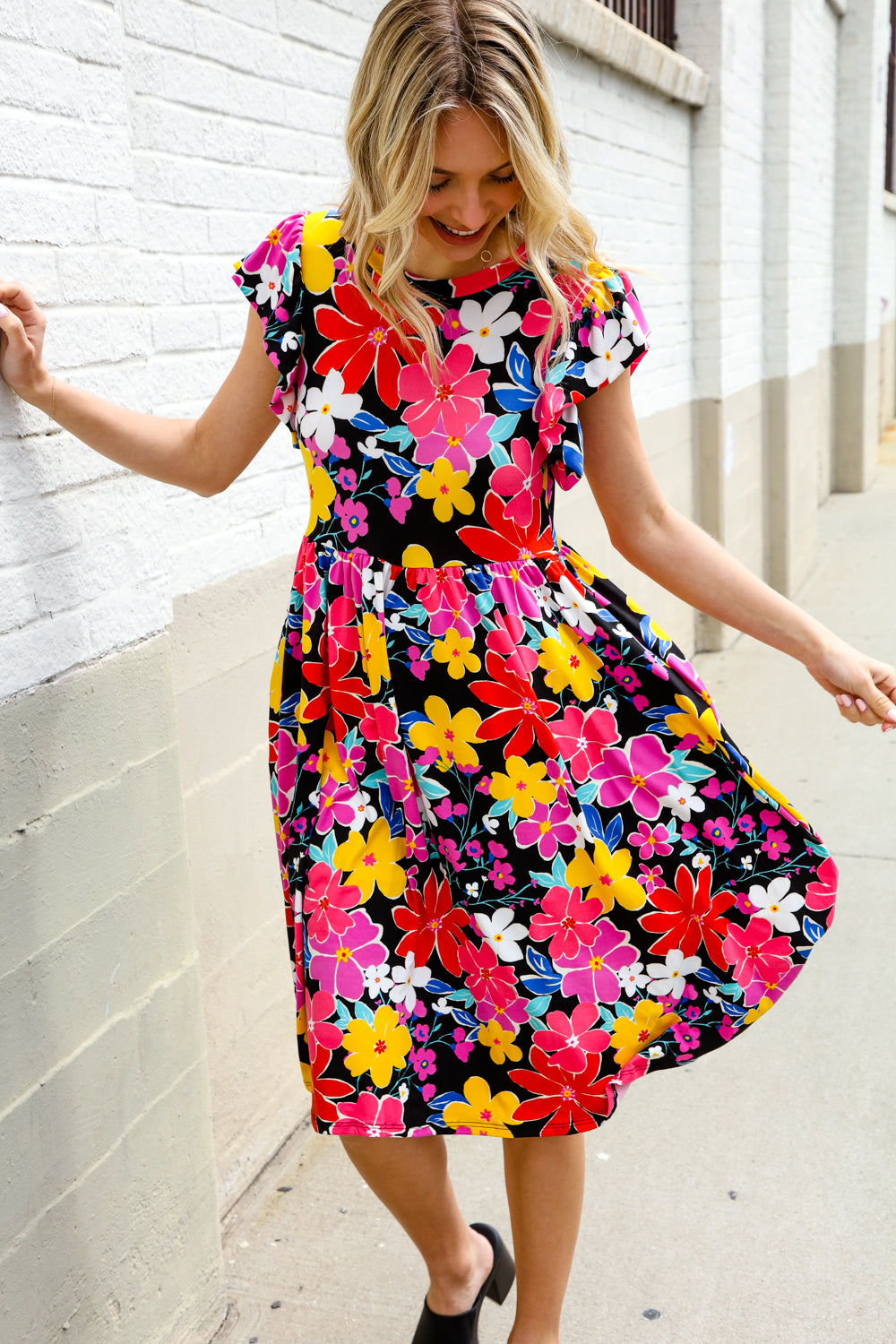 Spread Joy Black & Multicolor Floral Flutter Sleeve Babydoll Dress