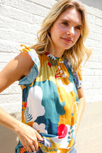 Be Bold Multicolor Abstract Print Flutter Sleeve Mock Neck Top