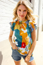 Be Bold Multicolor Abstract Print Flutter Sleeve Mock Neck Top
