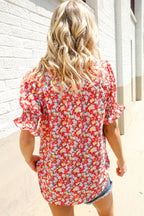 Elegant You Ruby Notched Neck Floral Smocked Sleeve Blouse
