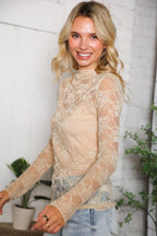 A Feminine Touch Tan Semi Sheer Lace Top