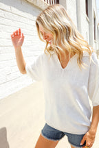 Lock Eyes White Pointelle Collar V Neck Short Sleeve Top