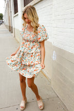 Find Love Floral Print Smocked Neck Puff Sleeve Ruffle Tiered Dress