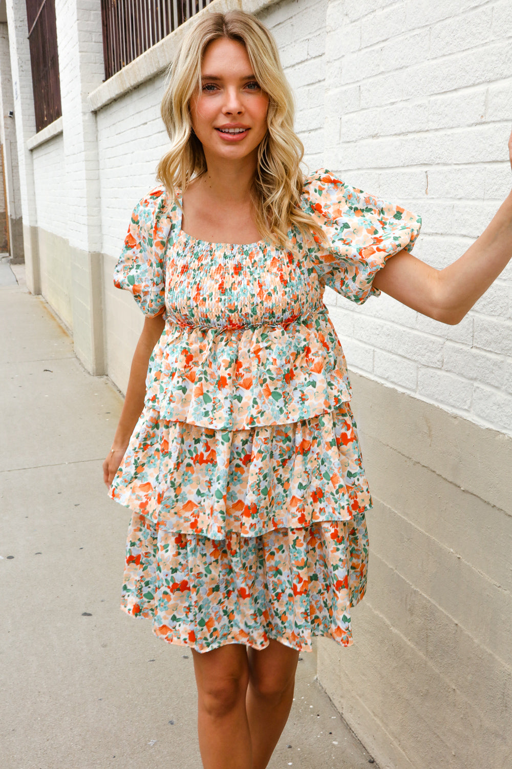Find Love Floral Print Smocked Neck Puff Sleeve Ruffle Tiered Dress