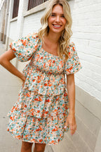 Find Love Floral Print Smocked Neck Puff Sleeve Ruffle Tiered Dress