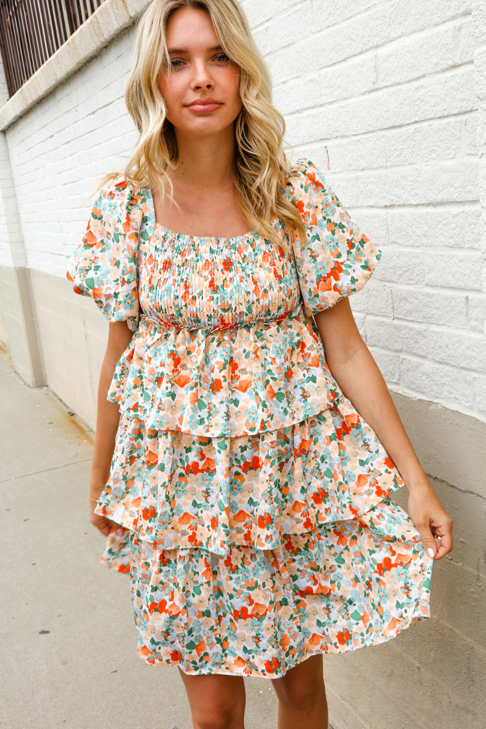 Find Love Floral Print Smocked Neck Puff Sleeve Ruffle Tiered Dress