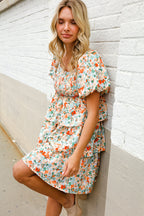 Find Love Floral Print Smocked Neck Puff Sleeve Ruffle Tiered Dress