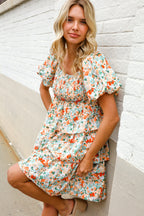 Find Love Floral Print Smocked Neck Puff Sleeve Ruffle Tiered Dress