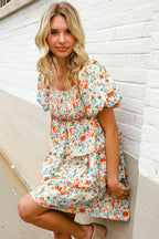 Find Love Floral Print Smocked Neck Puff Sleeve Ruffle Tiered Dress