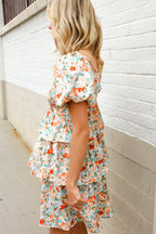 Find Love Floral Print Smocked Neck Puff Sleeve Ruffle Tiered Dress