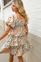 Find Love Floral Print Smocked Neck Puff Sleeve Ruffle Tiered Dress