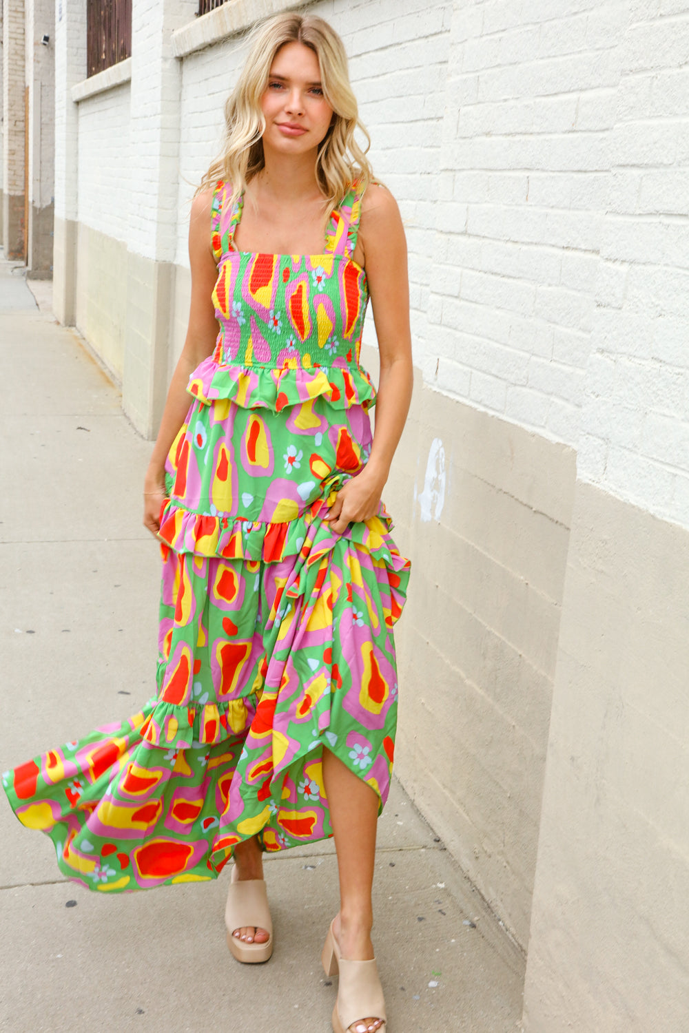 Sunny Days Abstract Print Tiered Ruffle Smocked Sleeveless Maxi