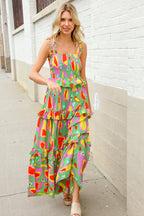 Sunny Days Abstract Print Tiered Ruffle Smocked Sleeveless Maxi