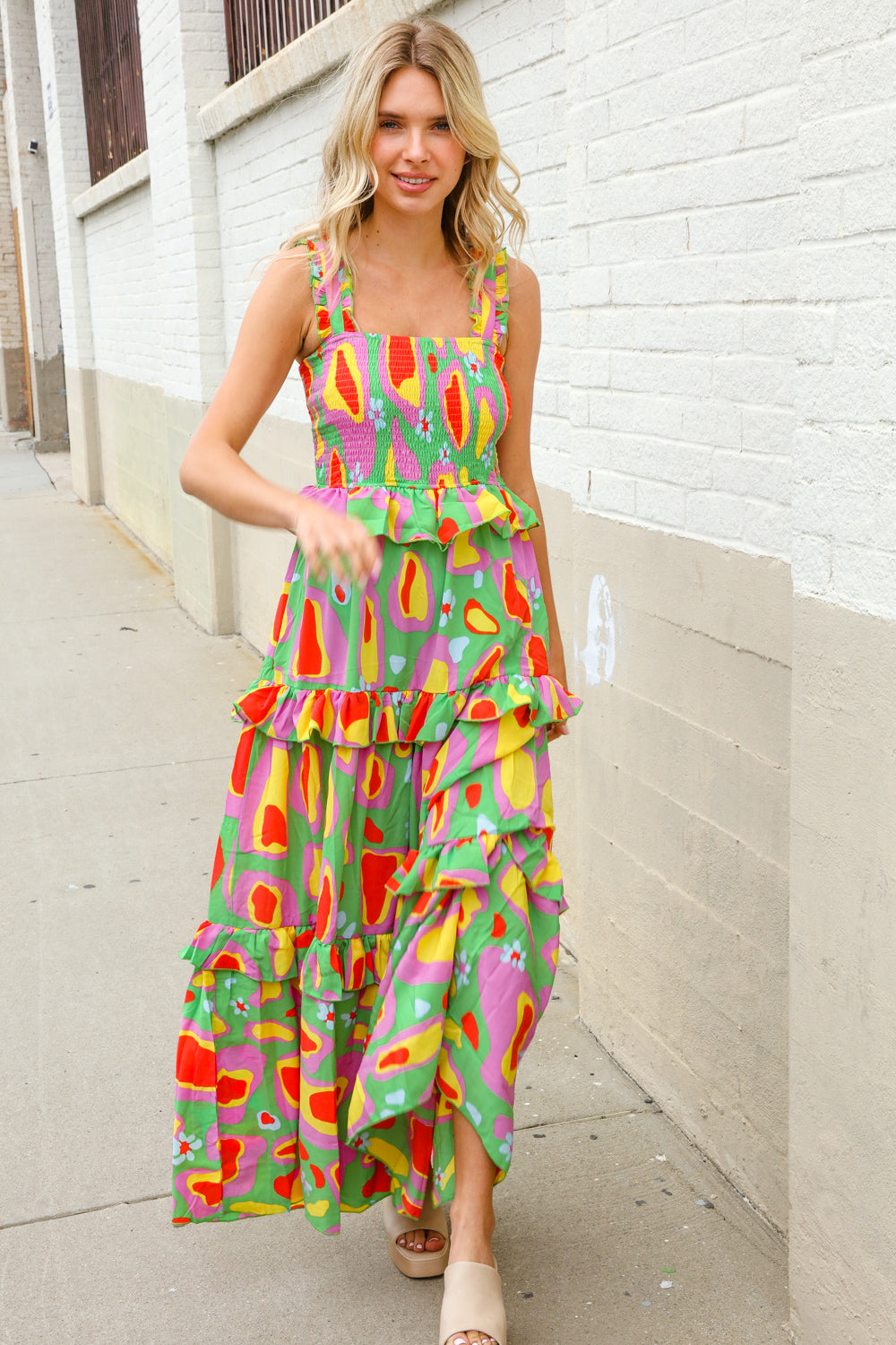 Sunny Days Abstract Print Tiered Ruffle Smocked Sleeveless Maxi