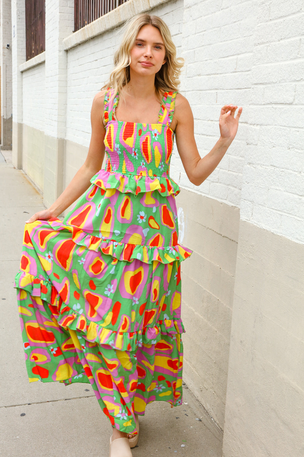 Sunny Days Abstract Print Tiered Ruffle Smocked Sleeveless Maxi