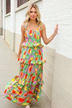 Sunny Days Abstract Print Tiered Ruffle Smocked Sleeveless Maxi
