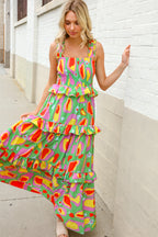 Sunny Days Abstract Print Tiered Ruffle Smocked Sleeveless Maxi