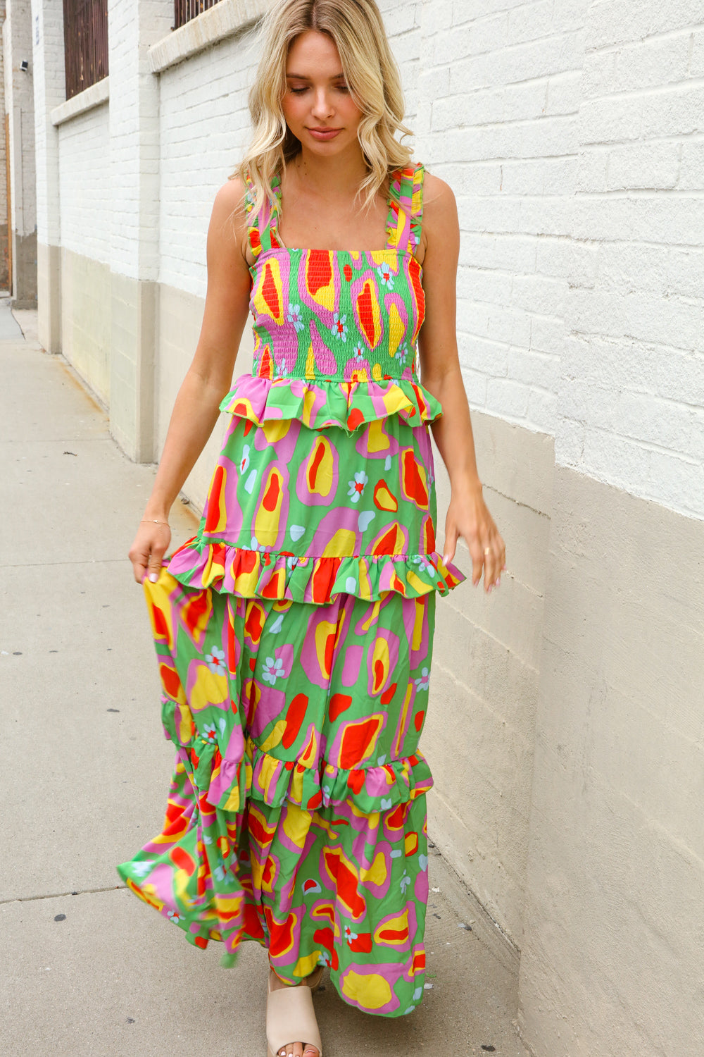 Sunny Days Abstract Print Tiered Ruffle Smocked Sleeveless Maxi