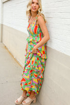 Sunny Days Abstract Print Tiered Ruffle Smocked Sleeveless Maxi