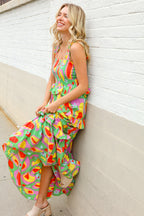 Sunny Days Abstract Print Tiered Ruffle Smocked Sleeveless Maxi