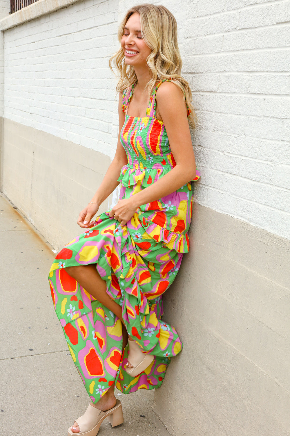 Sunny Days Abstract Print Tiered Ruffle Smocked Sleeveless Maxi