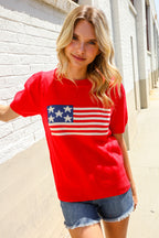 American Flag Bubble Short Sleeve Jacquard Sweater Knit Pullover