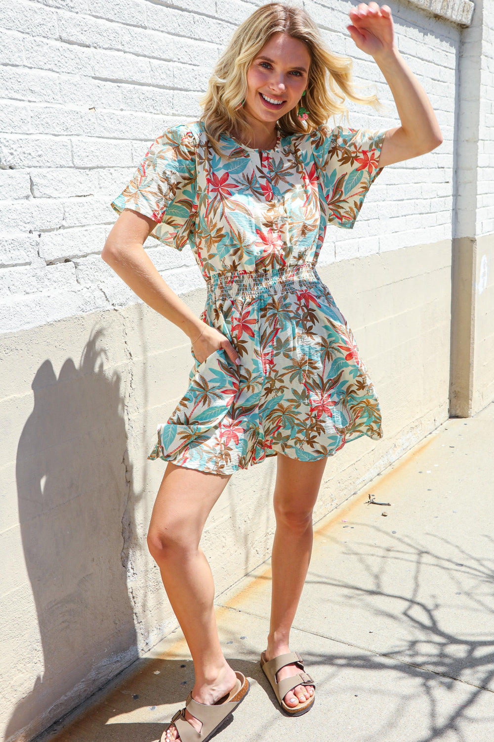 Get Whimsical Tropical Print Smocked Waist Neck Button Romper