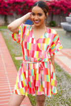 Eyes On You Coral Geo Abstract Surplice Woven Romper