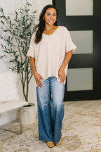 Counter Part Crinkle Woven V-Neck Top in Sand Beige