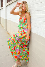 Sunny Days Abstract Print Tiered Ruffle Smocked Sleeveless Maxi