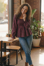 Sweetheart Smocked Cranberry Plaid Top