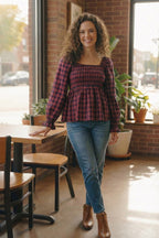 Sweetheart Smocked Cranberry Plaid Top