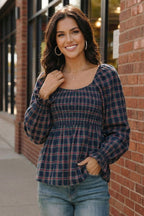 Sweetheart Smocked Navy Plaid Top