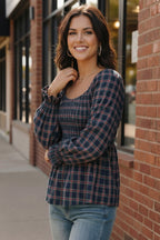 Sweetheart Smocked Navy Plaid Top
