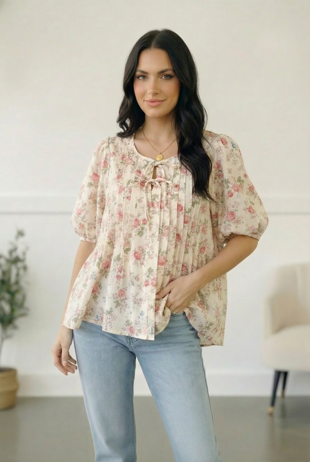 With a Rosy Glow Cream Pleated Top