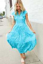 Find Love Blue Boho Print Flutter Sleeve Fit & Flare Dress