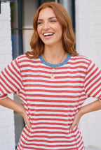 Retro Stripe Oversized Tee with Contrast Ribbed Neck